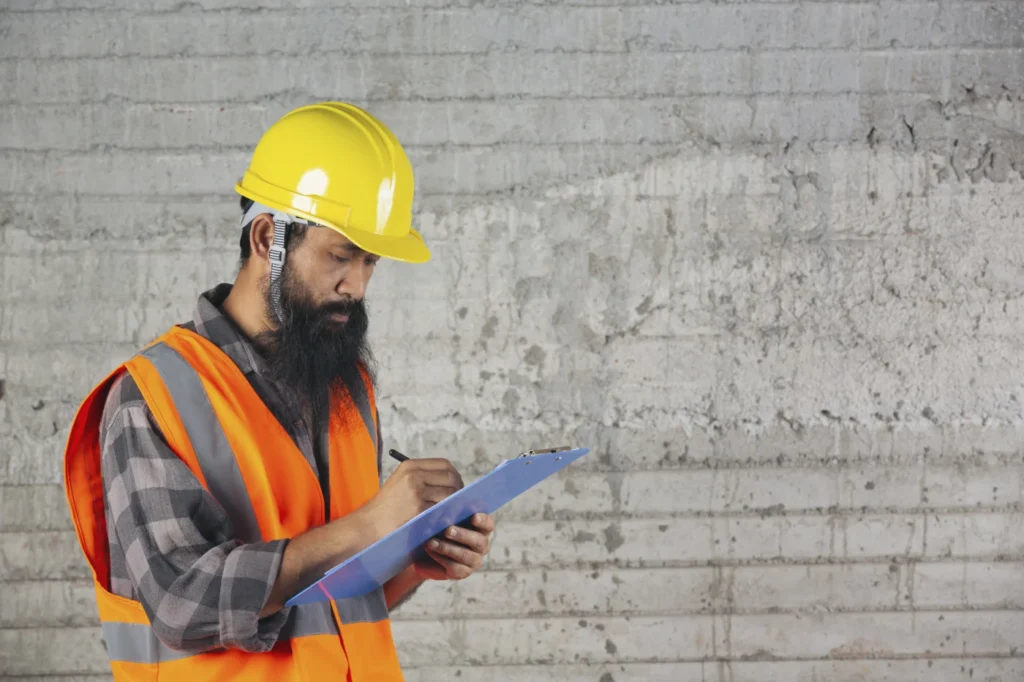 Inspection commune SPS : intervenant consultant un plan dans un bâtiment en travaux