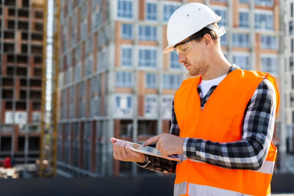 Suivi de chantier sur tablette par un intervenant casqué
